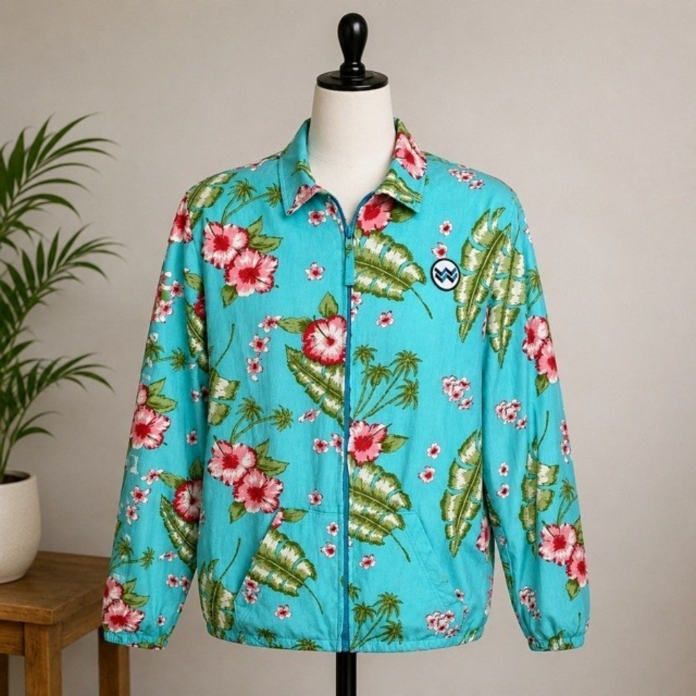 Without Walls Tropical Floral Zip Jacket Mens Small Turquoise‎ Surf Streetwear